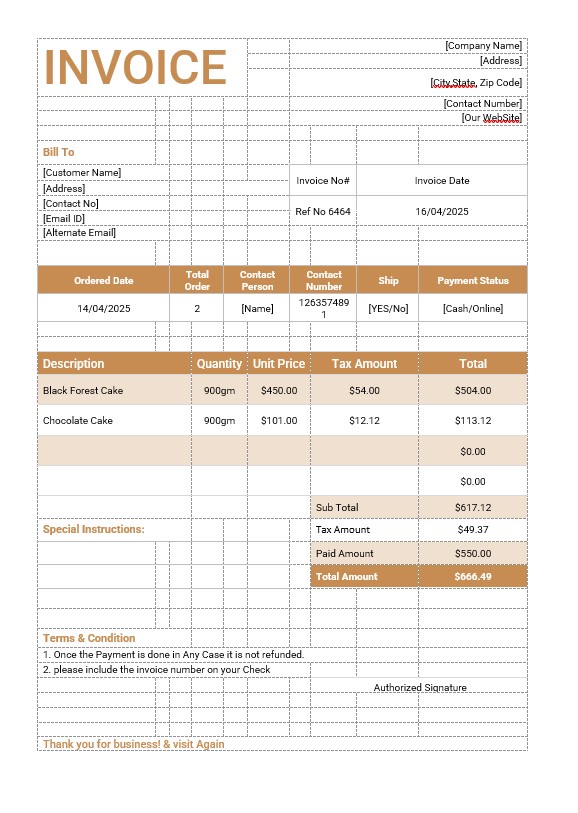 Cake Order Invoice Template PSD template